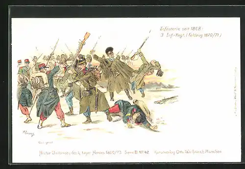 Lithographie Uniformierte Soldaten im Kampf, 3. Inf.-Regiment, Feldzug 1870 /71