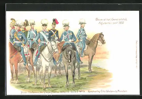 Lithographie Generalität, Generalstab, Adjutanten in Uniform