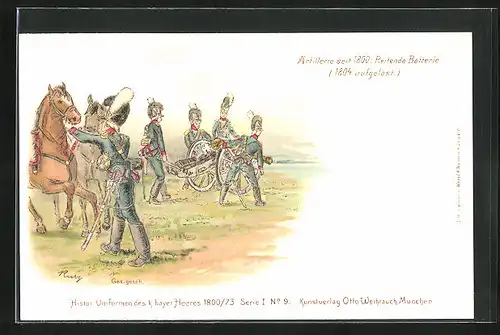 Lithographie Artillerie, Reitende Batterie, uniformierte Soldaten