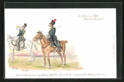 Lithographie Uniformierte Soldaten auf Pferden, fahrende Artillerie