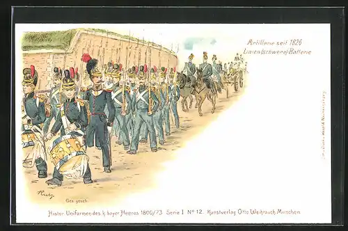 Lithographie Marsch uniformierter Soldaten der Linien-schwere-Batterie