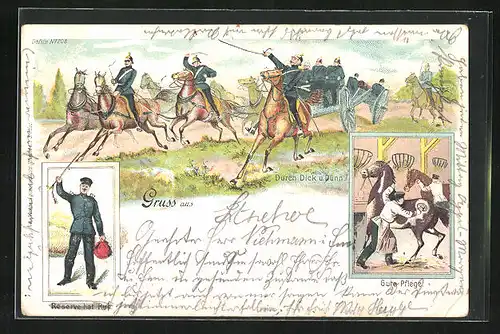 Lithographie Eilige Soldaten auf Pferden mit Geschützen, Artillerie