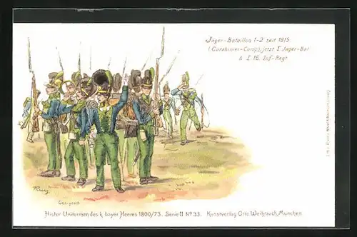 Lithographie Grüne Uniform der Soldaten des i. Jäger-Bat. und I.16. Inf.-Regiments