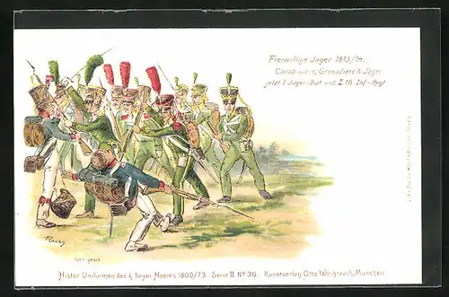 Lithographie Carabiniers, Grenadiere und Jäger in grünen Uniformen, 1. Jäger-Bat. und I. 16. Inf.-Regiment