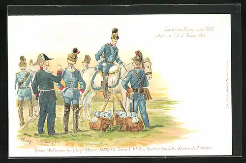 Lithographie Blau-uniformierte Soldaten des 1. und 2. Train.-Bat.