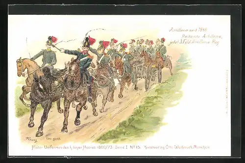 Lithographie Eilende Soldaten zu Pferde, 3. Feld-Artillerie-Regiment