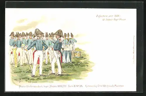 Lithographie 12. Infant.-Regiment, Marschkapelle in Uniform