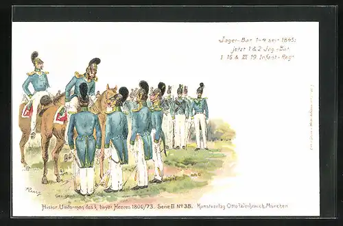 Lithographie 1. u. 2. Jäg.-Bat., I. 16. u. III. 19. Infant.-Regiment in blauer Uniform