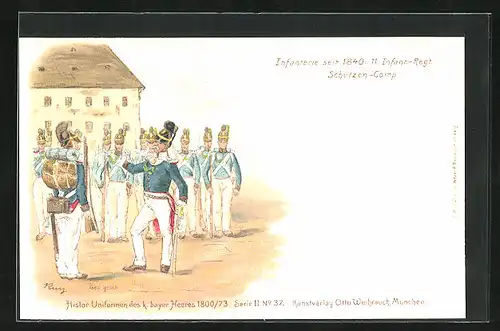 Lithographie Soldaten in blauer Uniform vom 11. Infant.-Regiment Schützten-Comp.