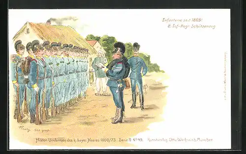 Lithographie Appell des 8. Inf.-Regiment Schütztenzug in Uniform