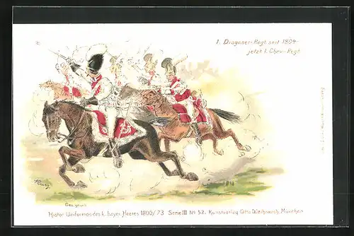 Lithographie Uniformierte Soldaten auf galoppierenden Pferden, 1. Chev.-Regiment