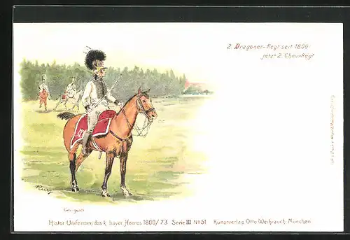 Lithographie Uniformierter Soldat mit Degen auf Pferd, 2. Chev.-Regiment
