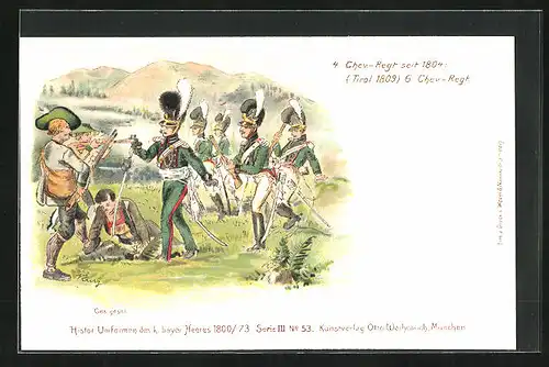 Lithographie Männer in Tracht bedrohen uniformierte Soldaten des 6. Chev.-Regiments