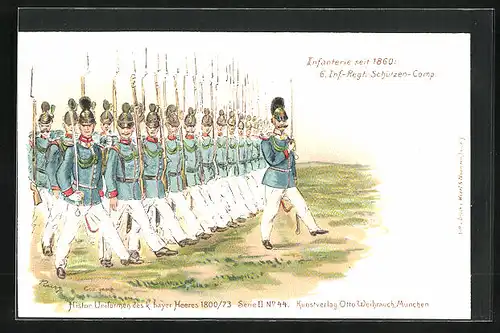 Lithographie Marsch blau-uniformierter Soldaten des 6. Inf.-Regiments, Schützten-Comp.