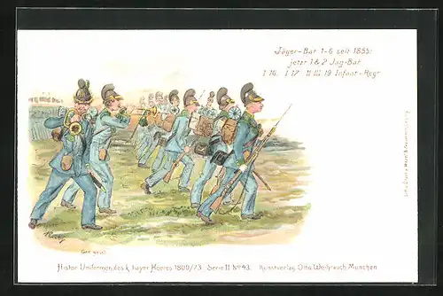 Lithographie Marschierende Soldaten in Uniform, 1. u. 2. Jäg.-Bat., I. 16. I. 17. II. III. 19. Inf.-Regiment