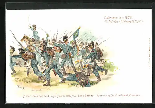 Lithographie Feldzug 1870 /71, In den Kampf ziehende uniformierte Soldaten, des 13. Inf.-Regiments