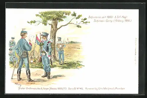 Lithographie Uniformierter Soldat beim Verlauten eines Briefes, 5. Inf.-Regiment, Schützten.Comp.