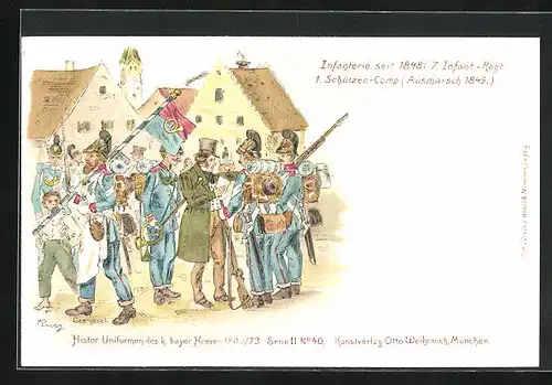Lithographie Ausmarsch 1849, Uniformen des 7. Inf.- Regiments 1. Schützten-Comp.