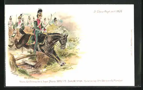 Lithographie Uniformierter Soldat auf springendem Pferd, 3. Chev.-Regiment