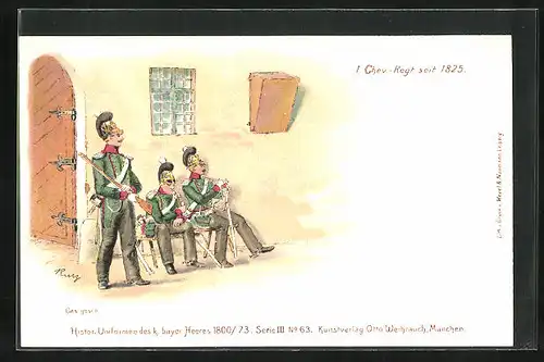 Lithographie Grün-Uniformierte Soldaten des 1. Chev.-Regiments bei der Wache