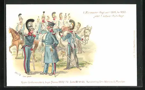 Lithographie Uniformierte Soldaten des 1. schwer. Reit.-Regiments