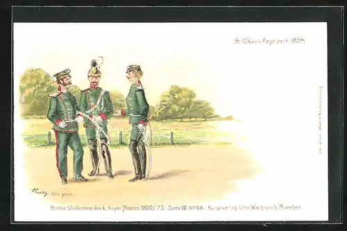 Lithographie Soldaten in grüner Uniform des 4. Chev.-Regiments mit Degen