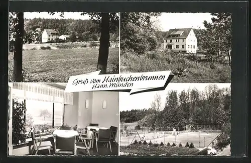 AK Hann.-Münden, Gasthaus u. Pension Hainbuchenbrunnen, Innenansicht, Tennisplatz