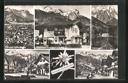 AK Garmisch-Partenkirchen, Gasthaus Wittmann`s Bierstüberl u. Café, Floriensplatz mit Denkmal, Frühlingsstrasse