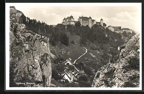 AK Harburg /Bayern, Blick von Felsen zum Schloss
