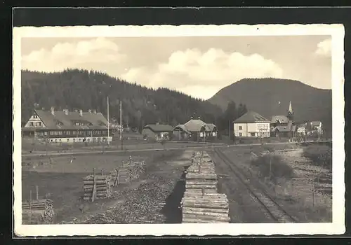 AK Bila, Holzstapel und Schienen am Rand des Ortes