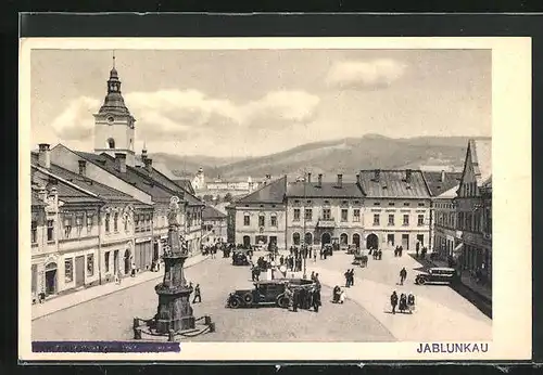 AK Jablunkau, Marktplatz mit Statue und Auto