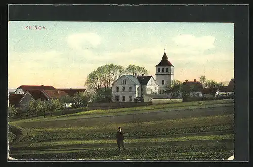 AK Knirov, Blick über Felder zum Ort