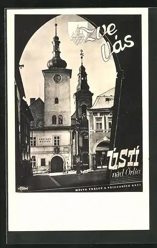 AK Usti nad Orlici, Strassenpartie mit Gebäudeansicht