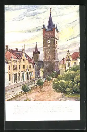 Künstler-AK Vysoké Mýto, Strassenpartie mit Turm und Tor