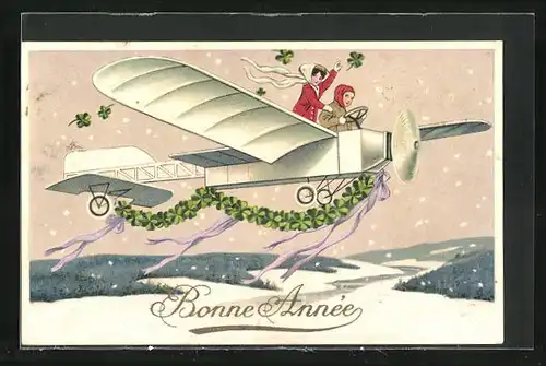 Präge-AK Flugzeug über Winterlandschaft