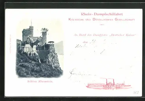 AK Rhein-Dampfschifffahrt, Dampfer Deutscher Kaiser, Schloss Rheinstein