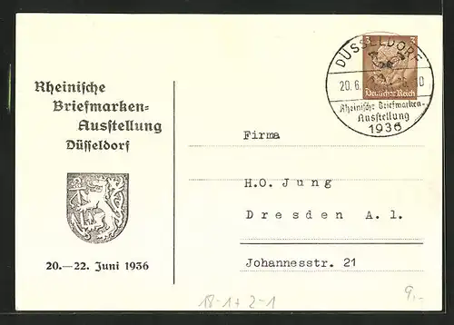 Künstler-AK Düsseldorf, Rheinische Breifmarken-Ausstellung 1936, Freudiger Empfang der Ausstellungsgäste, Ganzsache