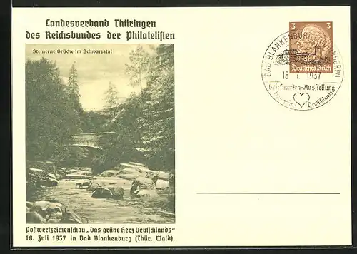 AK Bad Blankenburg /Thür. Wald, Postwertzeichenschau Das grüne Herz Deutschlands 1937, Ganzsache