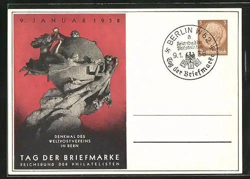 AK Tag der Briefmarke 9.1.1938, Denkmal des Weltpostvereins in Bern, Ganzsache
