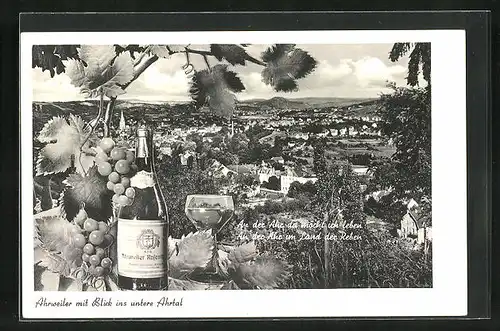 AK Ahrweiler, Teilansicht mit Blick ins untere Ahrtal, Weinflasche mit Weintrauben