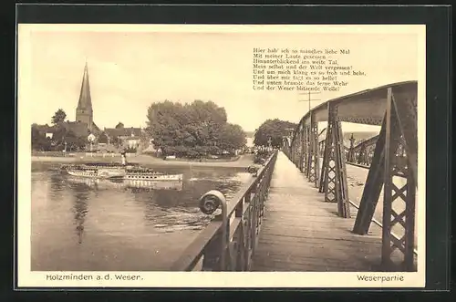 AK Holzminden a. d Weser, Weserpartie mit Brücke und Dampfer