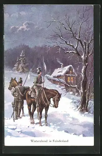 AK Winterabend im Feindesland, Zwei Soldaten mit Pferden, Propaganda 1. Weltkrieg