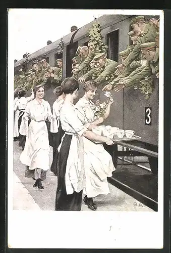 Künstler-AK Brynolf Wennerberg: Soldaten im Zug an der Erfrischungsstation