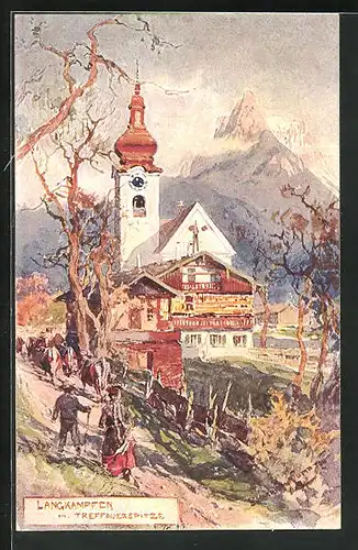 Künstler-AK Edward Harrison Compton: Langkampfen, Ortspartie mit Kirche und Treffauerspitze