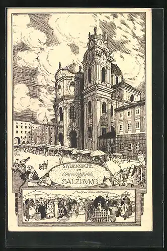 Künstler-AK Ulf Seidl: Salzburg, Studienkirche am Universitätsplatz, Markt