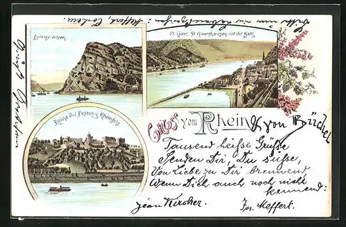 Lithographie St. Goarshausen, Ortsansicht mit der Katz, Ruine d. Festung Rheinfels, Loreley