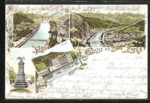 Lithographie Bad Ems, Kursaal, Kriegerdenkmal, Totalansicht