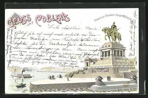 Lithographie Coblenz, Provinzial Denkmal Kaiser Wilhelm I.