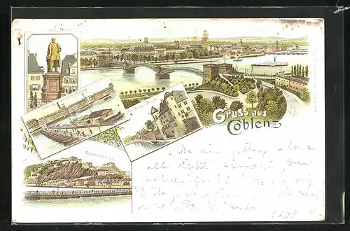 Vorläufer-Lithographie Coblenz, 1894, Burg u. Mosel, Ehrenbreitstein, Totalansicht mit Brücke