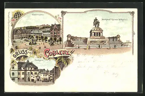 Lithographie Coblenz, Denkmal Kaiser Wilhelm I., Goebenplatz, Kaufhaus